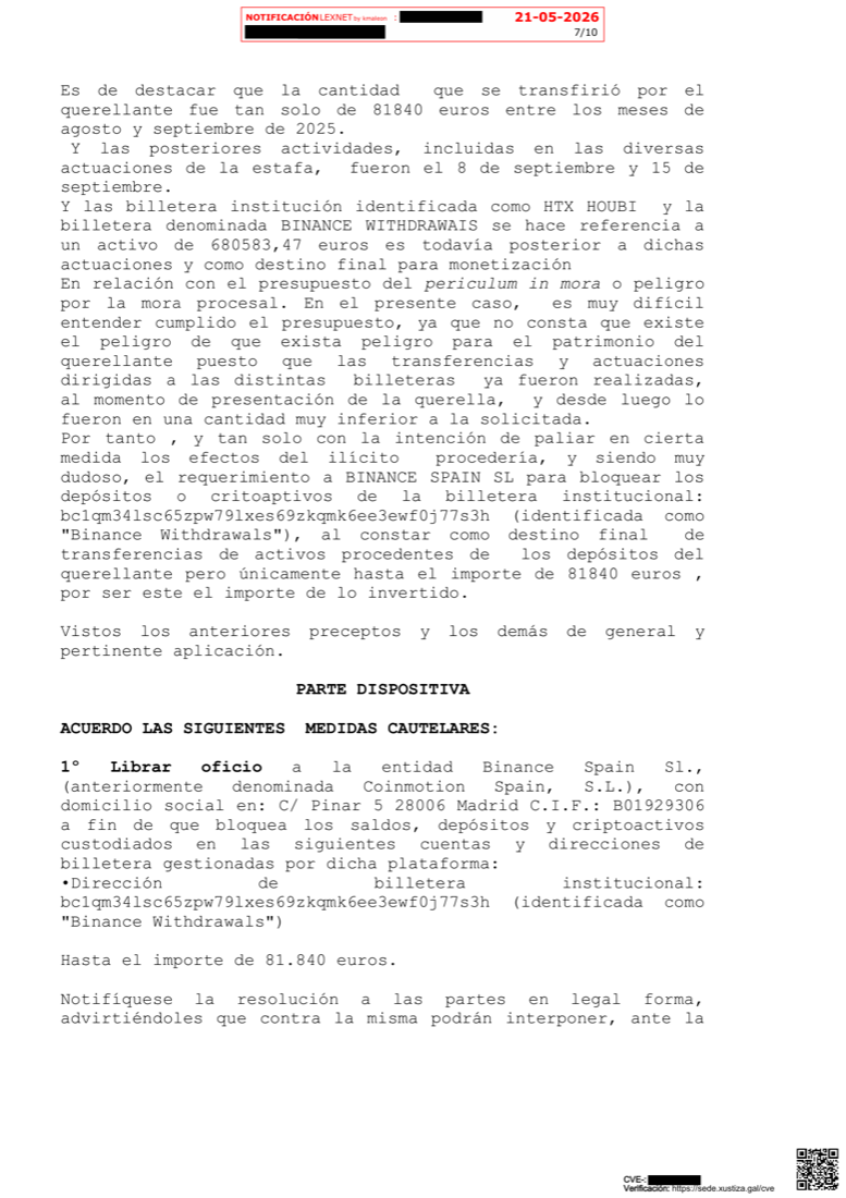 Parte dispositiva de un auto judicial obtenido por el despacho en un procedimiento real (anonimizado)